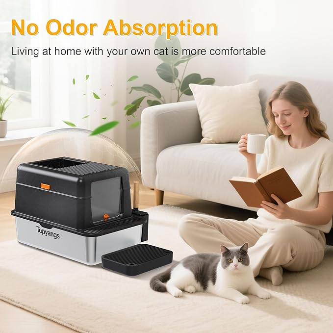 Enclosed Stainless Steel Litter Box with Lid, 20L Metal Enclosed Litter Box for Big Cat, Flip-Top Design with Anti-Leakage High Sides, Cat Lovers Gifts（Black）-PawvioPets