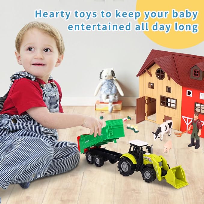 Farm Animals Figurines Toys -140 pcs Toy Set Barn Toy Horse Stable Tractor Trailer Windmill Farmer Fence Playset for Kids Toddlers Boy Girl 3-7 Years Old-PawvioPets