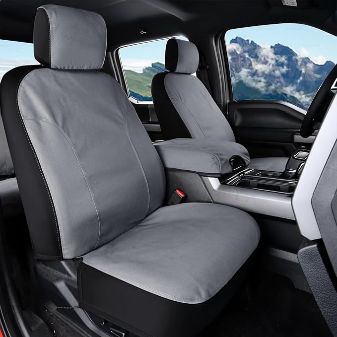 Coverado Front Seat Covers, Waterproof Canvas Seat Protector for Car Seat Cushions for Kids & Dogs, Seat Covers Compatible with 2015-2025 Ford F150 & 2017-2025 Ford F250 F350 F450(Gray, 2PCS)-PawvioPets