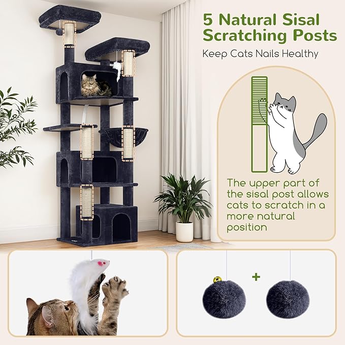 Globlazer Sturdy Cat Tree for Large Cats, 77 inch Large Cat Climbing Tower for Indoor Adult Cats, Cat Scratching Tower with 5 Scratching Posts, 3 Cat Condos, 2 Top Perches, S77, Dark Grey-PawvioPets
