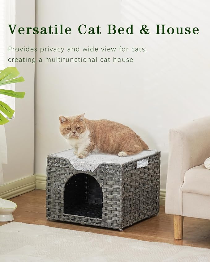 Cat Beds Indoor Kitten House, Handwoven Rattan Cat Cave Pet Cube, Large Cat Houses, One Bed Mat, Foldable, Hideaway, 16.5x16.5x13.2 Inches, 2 S-Shaped Hooks in Living Room Bedroom Gray-PawvioPets