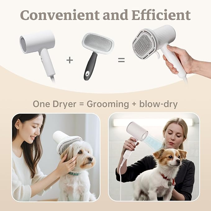 Dog Hair Dryer, Professional 2-in-1 Pet Hair Dryer & Grooming Brush with Removable Comb, Adjustable Temperature/Speed, Portable Dryer for Dogs and Cats-PawvioPets