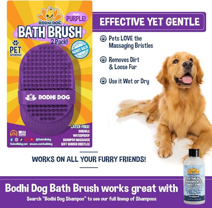 Bodhi Dog Shampoo Brush - Pet Grooming & Bath Supplies for Dogs and Cats - Bath Brush for Long & Short Hair - Premium Scrubber for Shower, Bathing & Massage (Two Pack, Purple)-PawvioPets