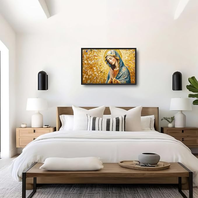 Extra Large Virgin Mary Framed Wall Art for Living Room,Oversized Golden Christian Religious Pictures Wall Decor,Canvas Print Painting Modern Artwork Bedroom Office Bathroom 36L" x 24W"-PawvioPets