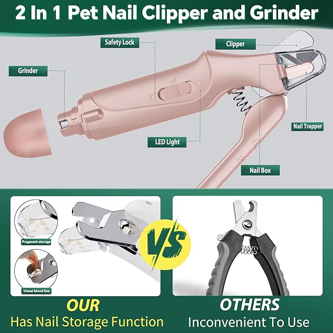 2 in 1 Dog Nail Clippers and Grinder with Lights & Cat Nail Clipper for Large Medium Small Dogs Cats Nail Trimmers USB Rechargeable with 2 LED Lights Dog Claw Care for Non-Black Nails-PawvioPets
