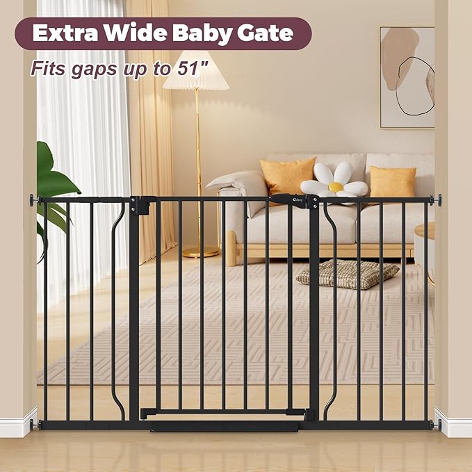 29"-51" Baby Gate for Stairs, Auto Close Stroller Friendly Dog Gate Indoor for Doorways, Pressure Mounted Baby Gate, Easy Walk Through Gate for Children & Pets, Black-PawvioPets
