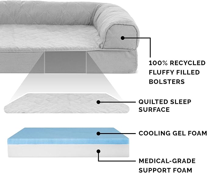 Furhaven Cooling Gel Dog Bed for Large Dogs w/ Removable Bolsters & Washable Cover, For Dogs Up to 125 lbs - Quilted Sofa - Silver Gray, Jumbo Plus/XXL-PawvioPets