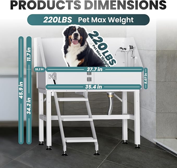 38" Dog Washing Station, Professional Stainless Steel Dog Bathing Station Dog Bathtub for Large & Medium Dog, Height Adjustable Dog Grooming Tub with Storage Basket, Movable Stair (Left Stair)-PawvioPets