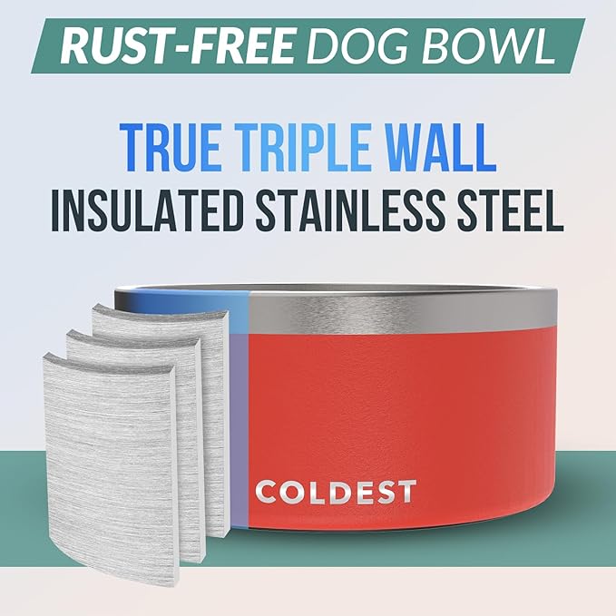 Coldest Dog Bowl - Anti Rust Metal, Non Slip, 3 Layers Insulated Stainless Steel Dog Bowls - Spill Proof & Heavy Duty - Water Bowl for Dogs, Cats & Pets, Dish Washer Safe (200 oz, Crimson Red)-PawvioPets