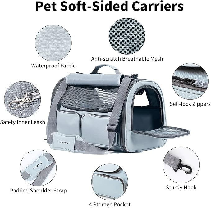 FUKUMARU Cat Carrier, Soft-Sided Small Dog Carrier, Large Cat Travel Bag with 4 Mesh Windows, Under 15 lb Airline Approved Pet Carrier with 4 Storage Pockets, Rollable Cover for Nervous Cats, Grey-PawvioPets