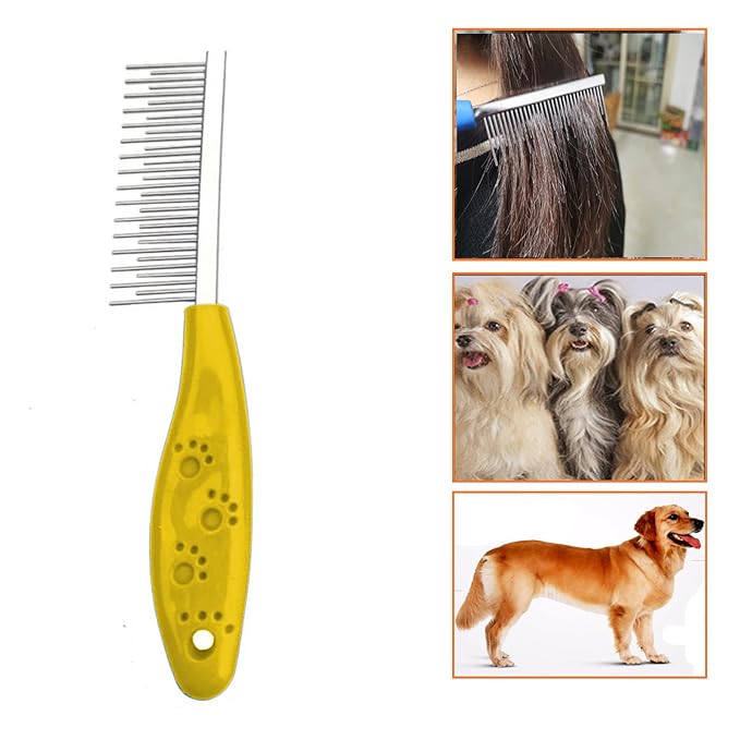 Dog or Cat Comb Grooming with Short and Long Teeth Dematting Knots Tangles Remover Combs Detangler Tool Suitable for Dogs Cats Poodle HorseStainless Steel Pin (Yellow)-PawvioPets