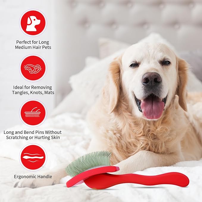 Dog Slicker Brush for Shedding and Grooming Medium or Long Haired Cats, Extra Long & Soft Pin Slicker Brush for Removes Loose Hair, Tangles, Knots, Undercoat, Free Pet Comb, Large Red-PawvioPets