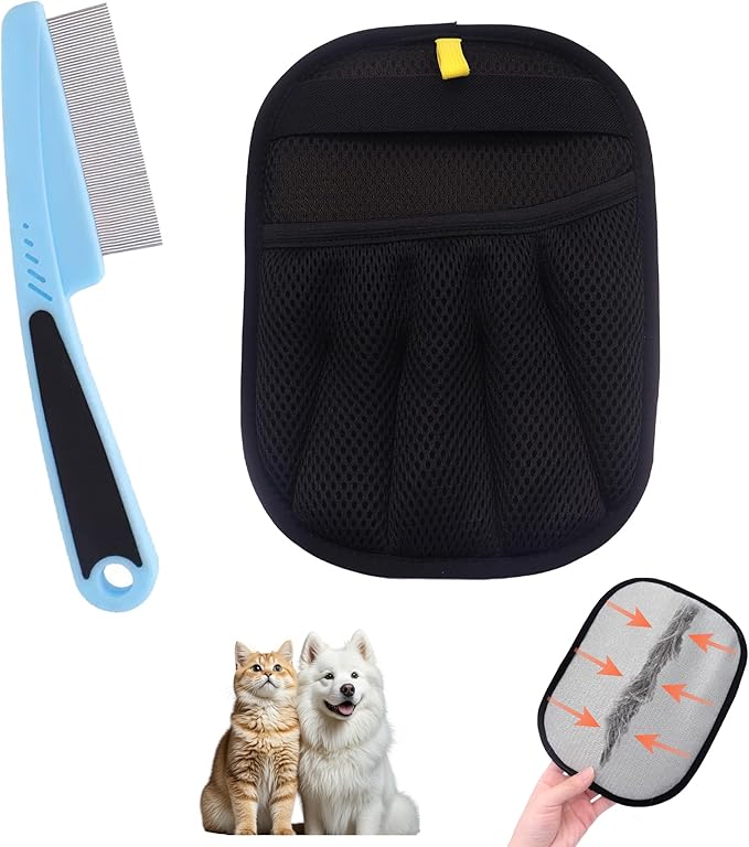 Electrostatic Pet Hair Remover Glove, Reusable Pet Hair Removal Glove for Dog & Cat Grooming, Double Sided Static Pet Hair Fur Remover Gloves for Clothing, Couch, Car Seat (2 gloves+1 flea comb)-PawvioPets