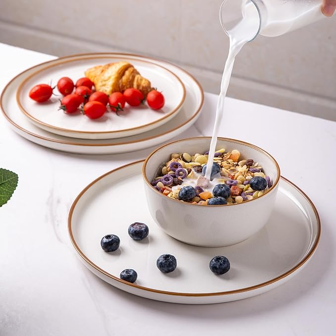 GBHOME Ceramic Dinnerware Sets for 4, 12 Pieces Stoneware Plates and Bowls Sets, Scratch Resistant Dishes, Dishwasher & Microwave Safe, Reactive Glaze-White-PawvioPets