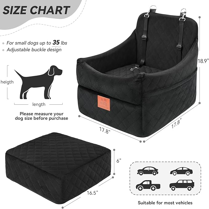 Dog Car Seat for Small/Medium Dogs, Dog Booster Car Seats with Thick Cushion for Dogs Under 35lbs, Detachable Washable Pet Car Seat with Storage Pockets, 2 Safety Belts(Black)-PawvioPets