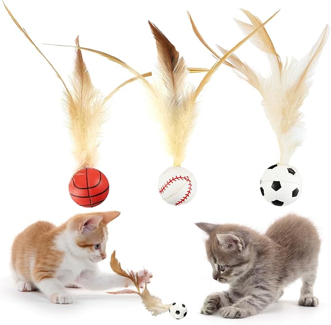 6 Pcs Feather Ball Cat Toy,Interactive Feather Bouncy Ball Toy Set for Cats,Mini and Elastic,Suitable for Pets to Play Indoors and Outdoors-PawvioPets