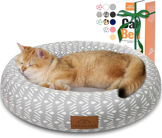 Cat Bed, 20In Dog Beds for Small Dogs, Calming Cat & Dog Beds for Indoor Pets, Pet Beds Comfortable Donut Round Ultra Soft (Grey Pattern, 20.0" L x 20.0" W x 6.5" Th)-PawvioPets