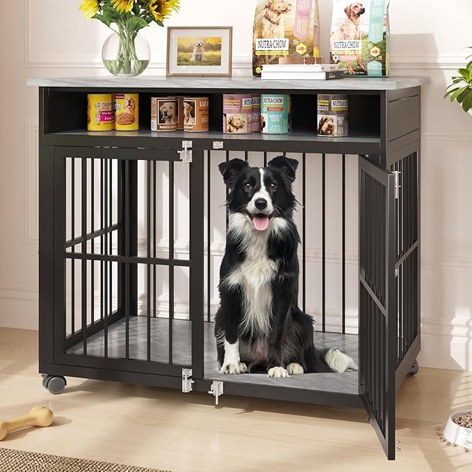 39.4" Dog Crate Furniture for Medium and Large Breed, Dog Kennel Furniture with Storage Shelf & Lockable Wheels, Heavy Duty Wooden End Side Table Pet Cage Indoor, Chew-Resistant, Grey-PawvioPets