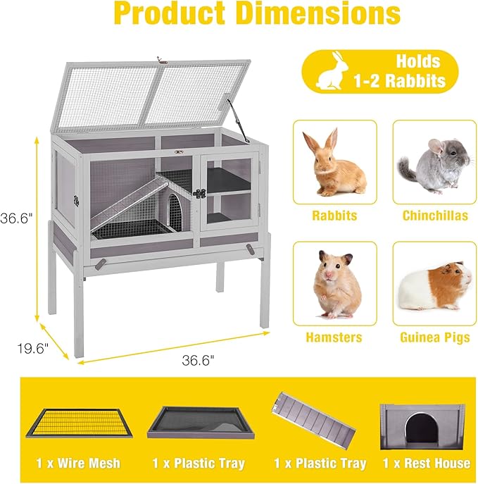Aivituvin 2-Story Rabbit Hutch with Anti-Chew Ramp & Zinc Sheet - 36.6" Indoor Guinea Pig Cage, Wooden Stand, Pull-Out Tray & Leakproof Floor (Grey)-PawvioPets