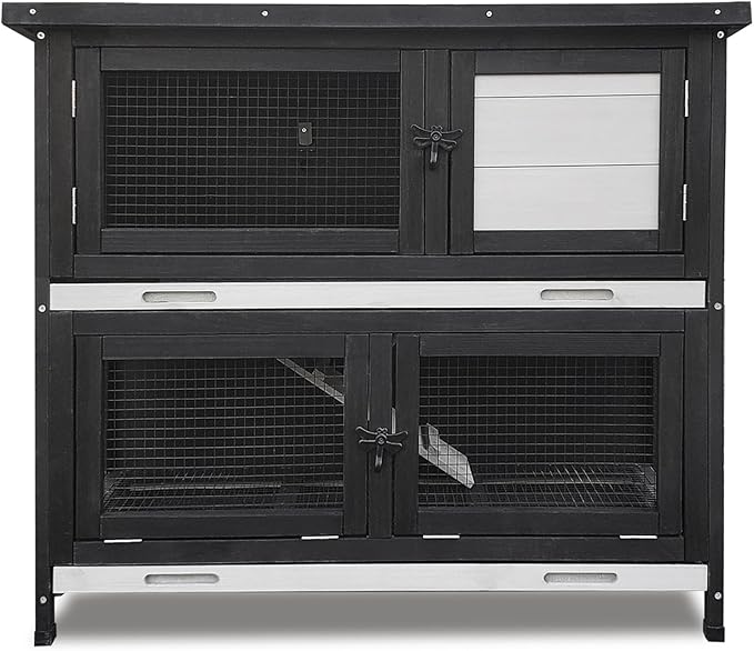 Double Level Solid Wood Rabbit Hutch Small Animal Cage for Rabbits, Guinea Pigs, Hedgehogs & Lizards Indoor/Outdoor– 2-Tier Eco-Friendly Habitat with Bedding Area, Durable & Easy to Clean-PawvioPets