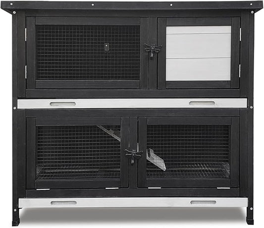 Double Level Solid Wood Rabbit Hutch Small Animal Cage for Rabbits, Guinea Pigs, Hedgehogs & Lizards Indoor/Outdoor– 2-Tier Eco-Friendly Habitat with Bedding Area, Durable & Easy to Clean-PawvioPets