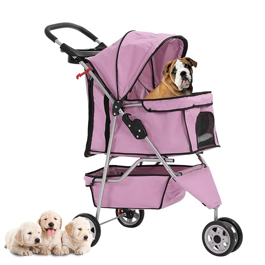 Dog Stroller,3 Wheels Travel Folding Pet Stroller for Small Medium Dog Cat Jogger Stroller with Storage Basket Removable Liner Pink-PawvioPets