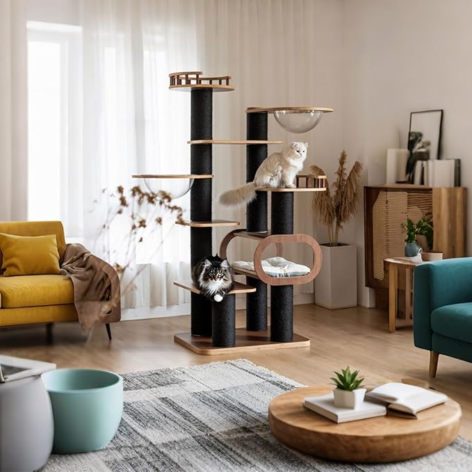 70.8'' Tall Luxury Cat Tree,All i,ne One Black Walnut Wood Modern Cat Tower for Indoor Large,Huge Multi-Level Cat Furniture with Scratching Posts,Condo,Cushion,Clear Bowl,Platform for Home Decoration-PawvioPets