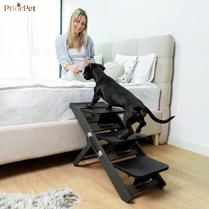 Dog Steps for Bed & Couch 2-in-1 Dog Stairs/Ramp - Height Adjustable Dog Ramp for Couch 7” - 20” - Pet Stairs, Dog Stairs for Small Dogs - Easy to Move Pet Steps with Landing Platform, Black-PawvioPets