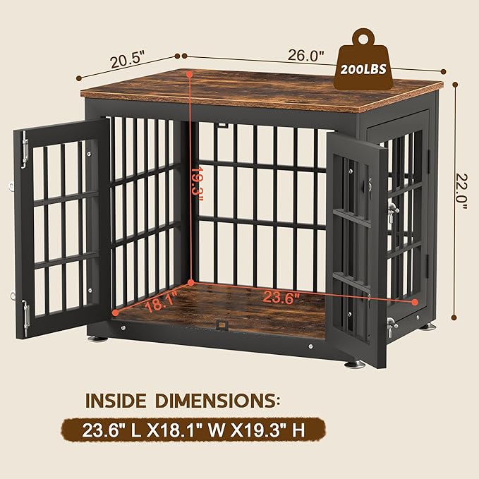 26 Inch Heavy Duty Dog Crate Furniture for Small Dogs, Decorative Pet House End Table, Wooden Cage Kennel Furniture Indoor, Rustic Brown-PawvioPets
