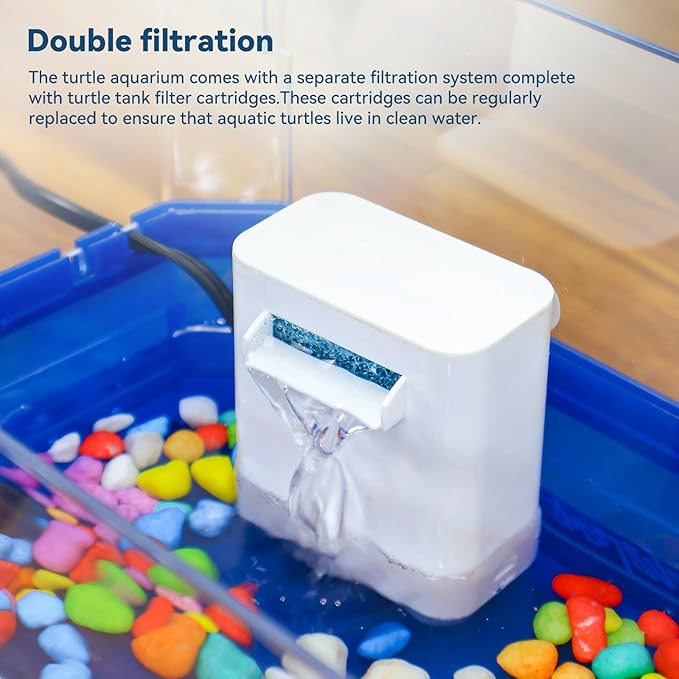 Aquatic Turtle Tank Habitat Kit Stone+Filter+Heat Lamp Enhancing Interaction with 360° Viewing, Standalone Filtration, DIY Creative Zone, Enriched Living (Blue, Medium[with Light])-PawvioPets