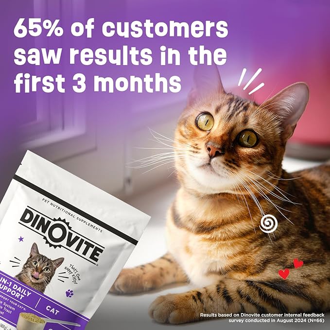 Dinovite for Cats Supplement - Immune + Digestive, Skin + Coat Support, Vitamins, Minerals, Omega 3, Enzymes, Probiotics. Reduces Shedding, Dry Skin, Itching, Stinking, Bald Spots, Seasonal Issues-PawvioPets