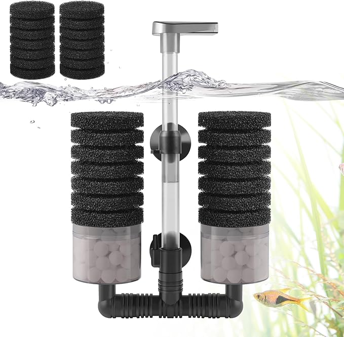 Air Powered Aquarium Sponge Filter with Biochemical Sponge and Ceramic Balls, Quiet Submersible Fish Tank Filter for 8-20Gallon (M-6.7in)-PawvioPets