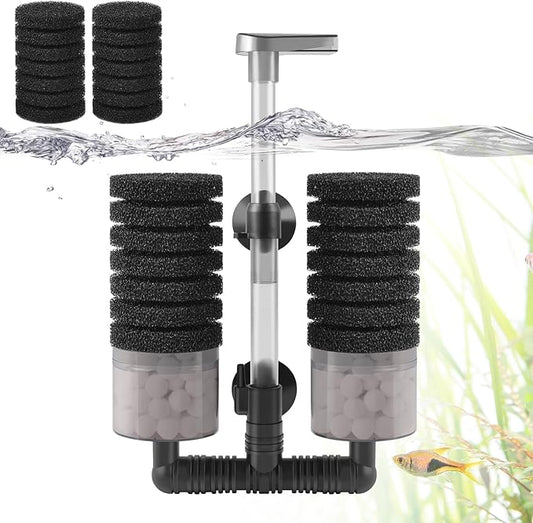 Air Powered Aquarium Sponge Filter with Biochemical Sponge and Ceramic Balls, Quiet Submersible Fish Tank Filter for 8-20Gallon (M-6.7in)-PawvioPets