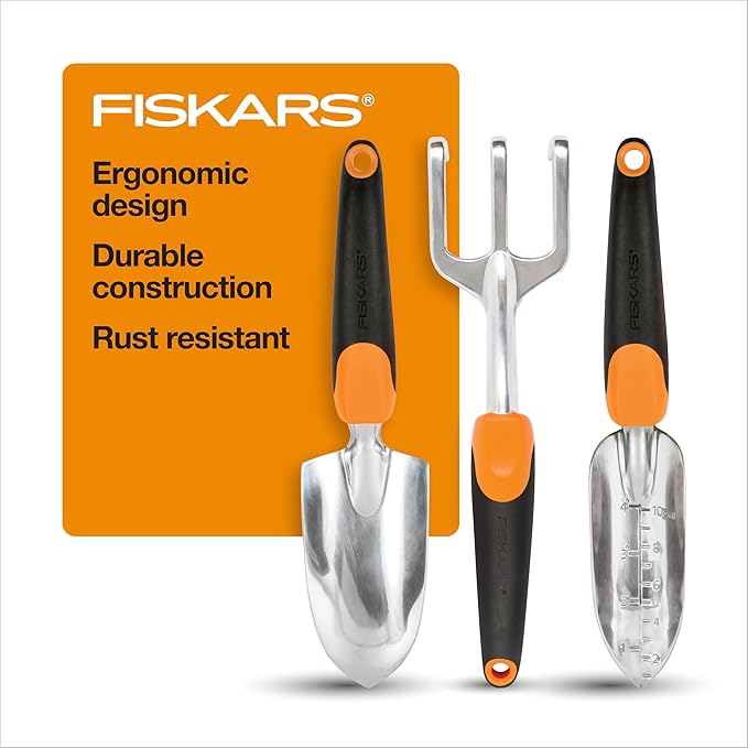 Fiskars 3-in-1 Garden Tool Set, Includes Trowel, Transplanter, and Cultivator for Outdoor Gardening, Ergonomic Yard Tool Kit-PawvioPets