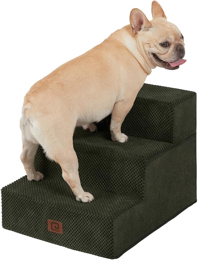 EHEYCIGA Dog Stairs for Small Dogs 13.5" H, 3-Step Dog Steps for Couch Sofa and Chair, Pet Steps for Medium Cats, Non-Slip Balanced Pet Ramp Indoor, Olive Green-PawvioPets