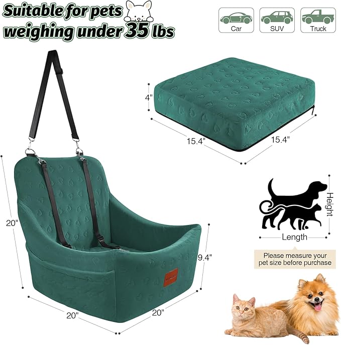 Dog Car Seat for Medium Dogs, Pet Travel Bed with Seat Belt Channel, Fully Detachable and Washable, 3 Straps Easy to Install (Green)-PawvioPets