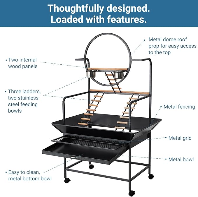 Bird Playstand, 66'' H Inch Birdcage Stand Activity Play Center with Perches and Ladders, Removable Tray, Indoor Outdoor Playground for Parakeet,Cockatiels Conures Parrots, Lockable Caster,Black-PawvioPets