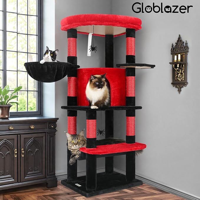 Globlazer Gothic Corner Cat Tree Tower with Scratching Post for Indoor Cats, 51inch Goth Cat Condo Tower with Large Hammock, Fan-Shaped Padded Perch, Spacious Cat Cave, Hanging Basket, C51, Red Black-PawvioPets