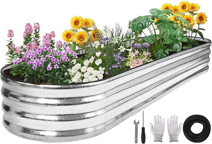 Galvanized Raised Garden Bed - 8×2×1ft Planter Raised Beds for Gardening | Oval Metal Garden Planter Box with Safety Edging and Bracing Rods for Vegetables Fruits and Flowers - Silver-PawvioPets
