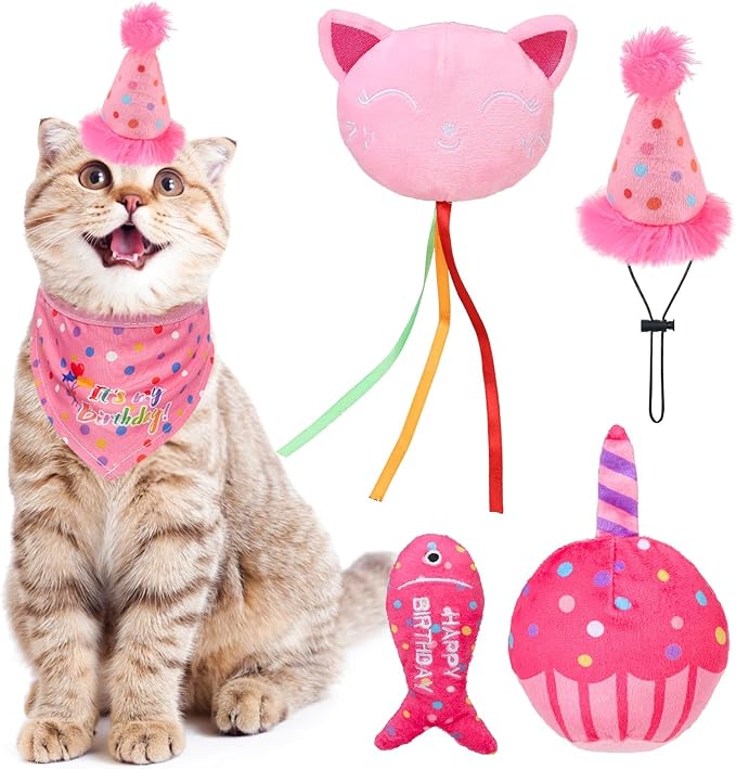 BINGPET Catnip Toys for Indoor Cats, Cat Birthday Hat and Interactive Plush Kitten Chew Toys - Cute Cake, Fish, Balloon Toys with Crinkle Paper and Catnip Inside Pink-PawvioPets