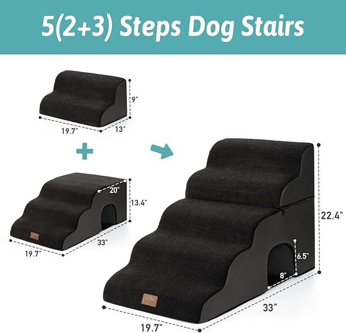 Extra Wide Dog Stairs with Tunnel, Detachable Large Pet Step for Small Medium Dog, Puppy or Cat, Ramp for High Bed, Couch, Sofa or Car, Stable, 19.7x33x22.4 inch, 5 Step, Black-PawvioPets