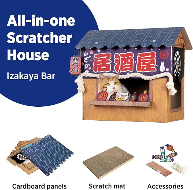 Cat Beds for Indoor Cats, Cardboard Cat House with Scratchers, Izakaya Bar, Large Sturdy Cat Furniture Condo Cave Tent, Easy to Assemble Pet Toys Accessories Stuffs, Bunny Small Animals-PawvioPets