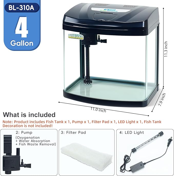4 Gallon Glass Aquarium Starter Kit with Flip-Top Feeding Port for Betta Fish: Crystal Clear 360° Viewing, Eco-Cycle Filtration, Air Pump, and LED Lighting-PawvioPets