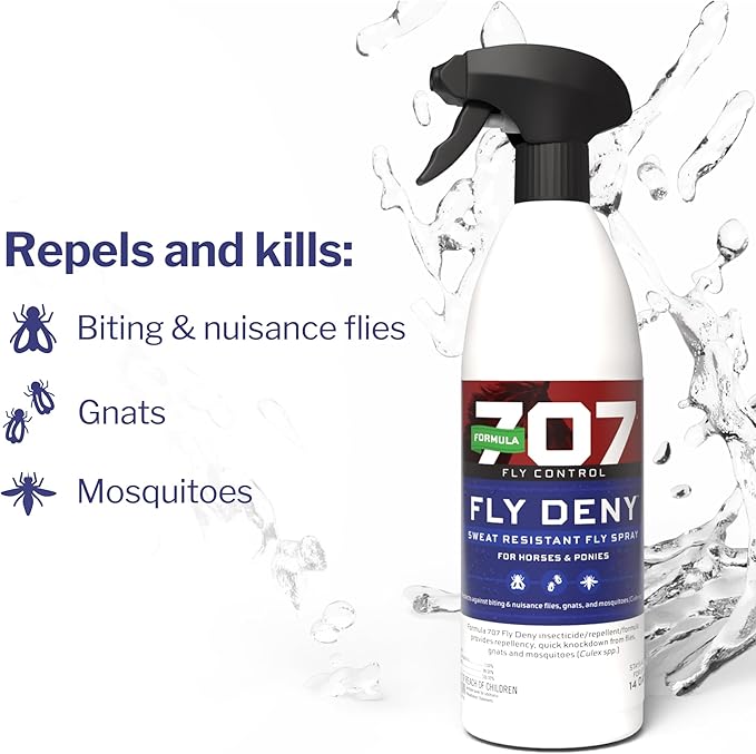 Formula 707 Fly Deny Spray for Horses & Ponies, Sweat-Resistant 14-Day Protection from Flies, Gnats & Mosquitoes, Repels and Kills, 32 Oz-PawvioPets