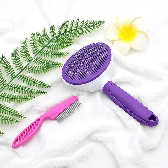 Cat Brush for Shedding, Cat Hair Brush with Release Button for Indoor Cats Dogs Self Cleaning Grooming(Purple)-PawvioPets