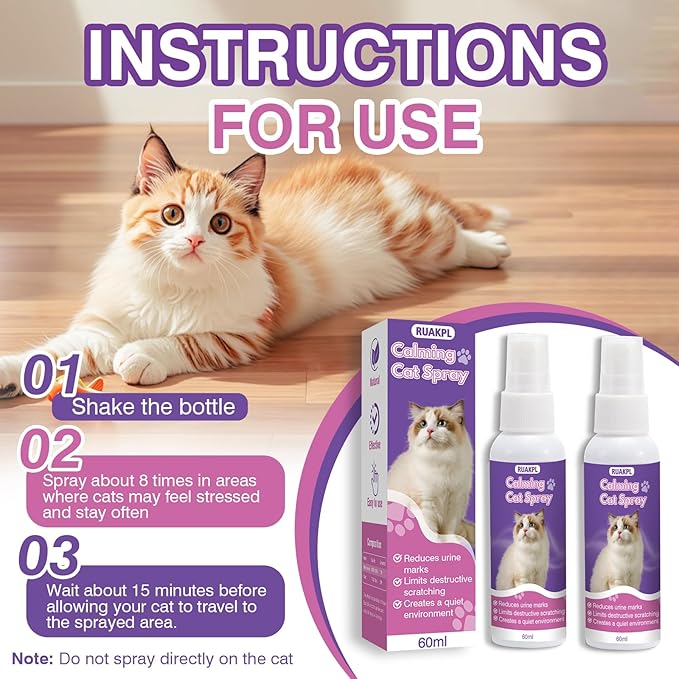 Cat Calming Spray 60 ML 2 Pack Calming Solution for Cats Cat Pheromone Spray Reduces Stress Anxiety Scratching Calming Spray for Cats Good for Home Travel Cat Pheromones Calming Spray-PawvioPets