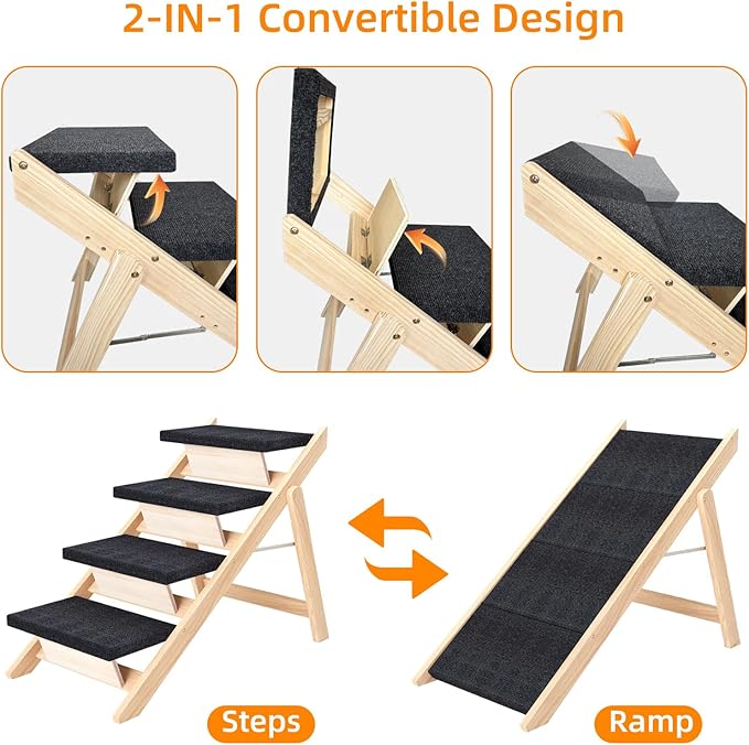 Dog Stairs/Ramp for Bed, Wooden Convertible Pet Steps, Portable Dog Ladder Up to 180 Pound for Elderly/Short-Legged Dogs, 4 Steps for Beds, Couch, Cars-PawvioPets