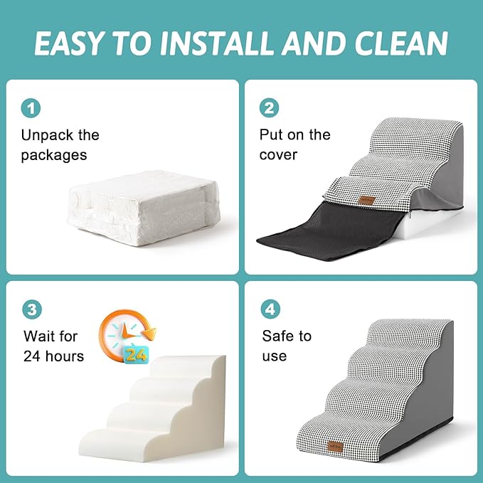 Dog Stairs for Small Dogs 19.7" H, Curved Dog Step for Puppy, Older or Cat, Medium Pet Ramp for Sofa, Couch or Bed, Ladder with High Density Foam, 15.7x28.3x19.7 inch, 4 Step, White Black-PawvioPets