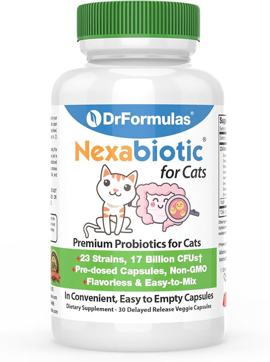 DrFormulas Nexabiotic Probiotics for Cats Powder | Treats Diarrhea for Pets with Saccharomyces Boulardii Lactobacillus Acidophilus, Best Probiotics Supplement for Digestive Health 30 Capsule-PawvioPets