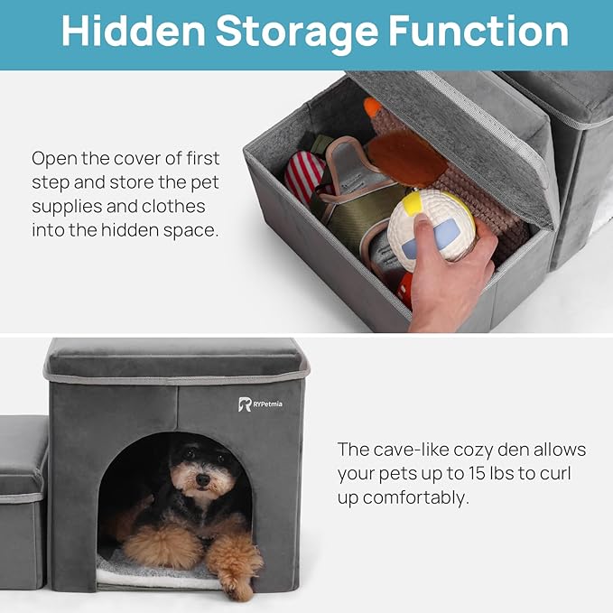 Foldable Pet Stairs for Beds & Sofas - Non-Slip Dog Steps with Storage for Small to Medium Dogs & Cats, Supports up to 120 lbs - Durable 2 & 3-Step Doggie Ladder for Easy Access-PawvioPets